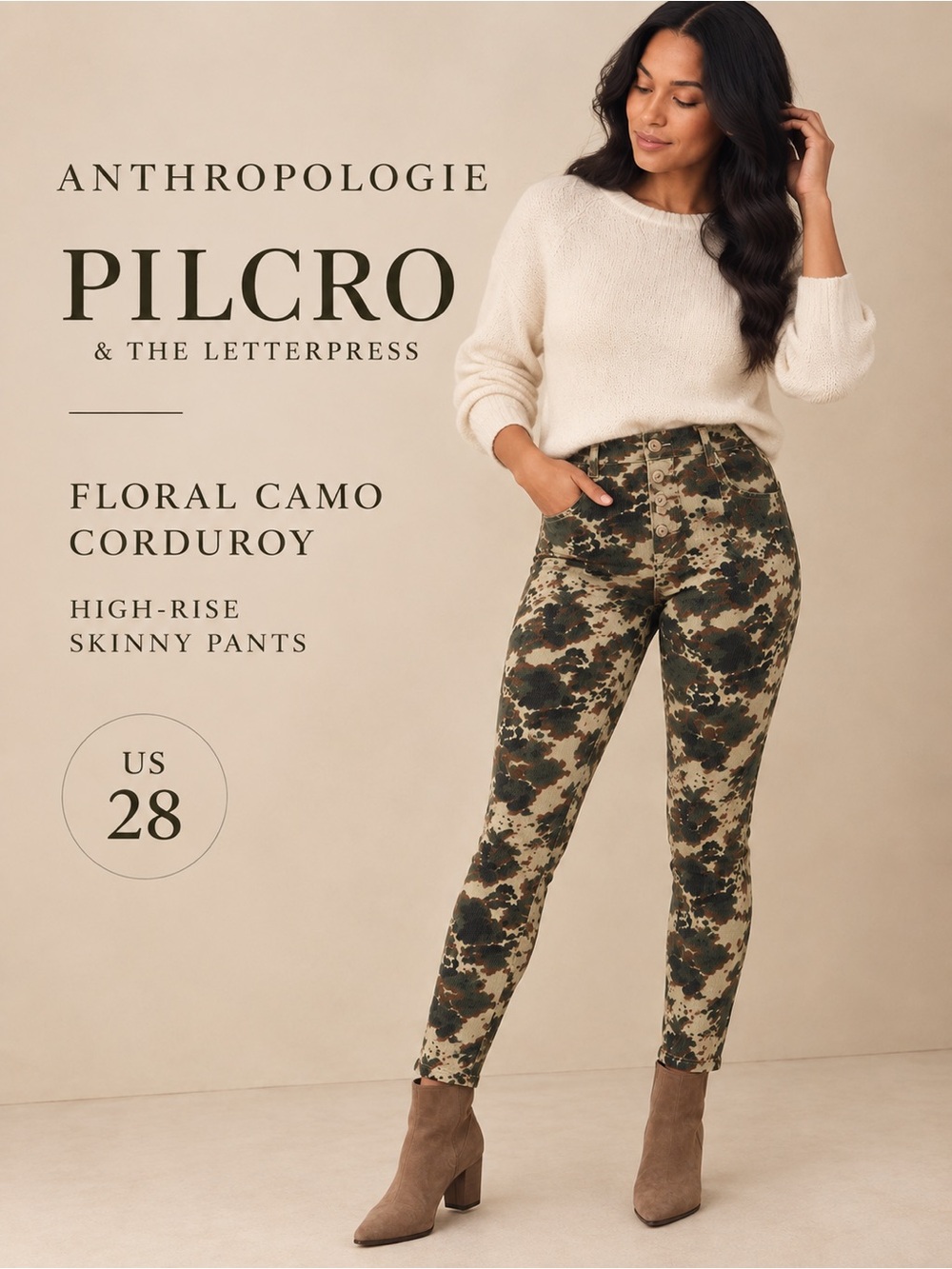 Anthropologie Pilcro Floral Camo Corduroy High Rise Skinny Pants 28